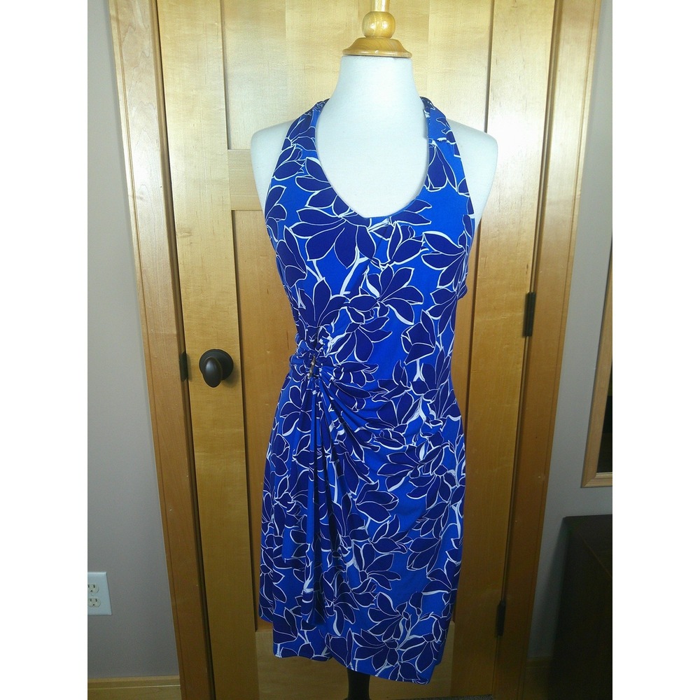 Tommy Bahama Blue White Floral Halter Dress Side Ruched Women's Small Stretchy